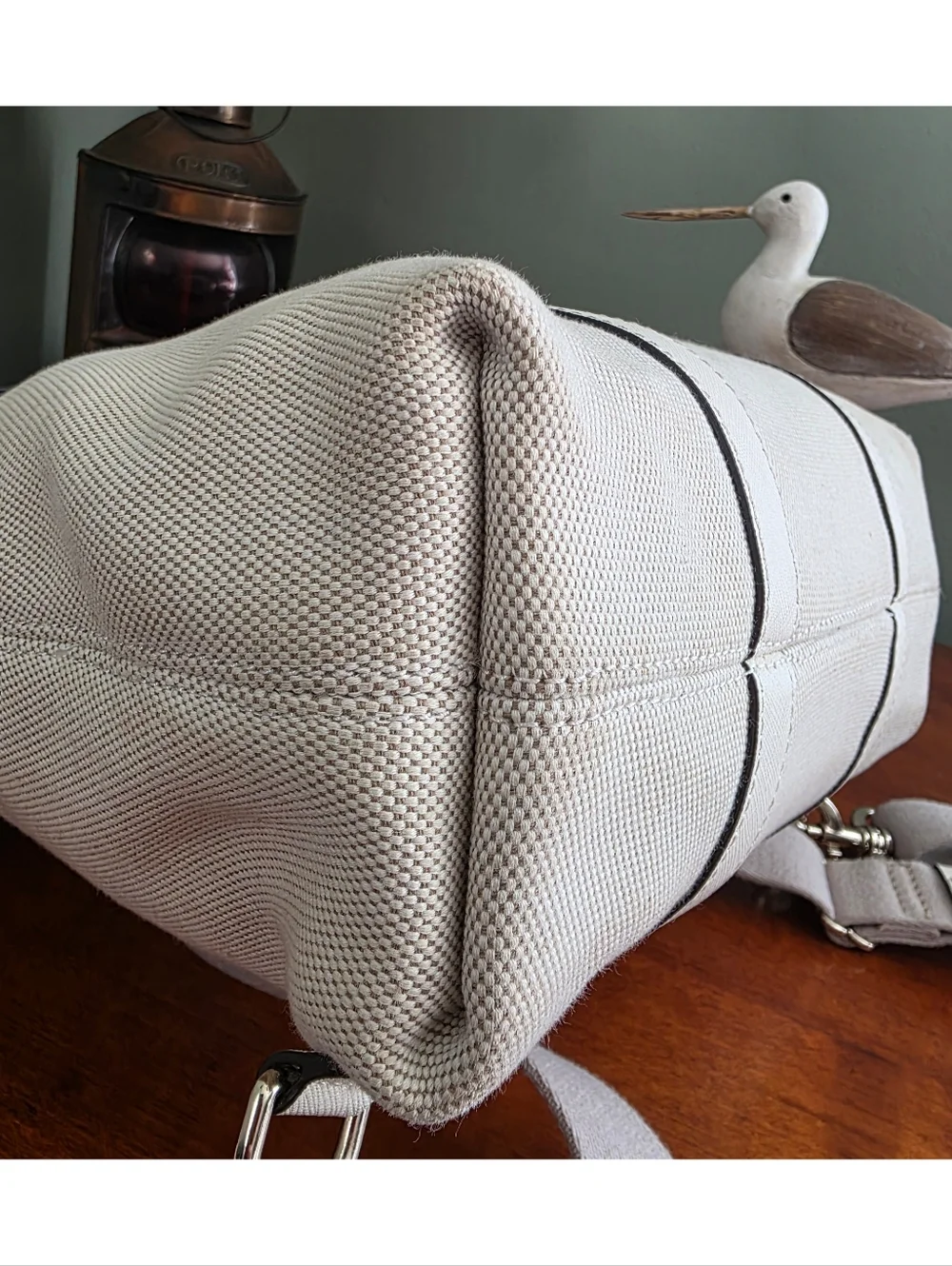Henri Bendel Jetsetter Convertible Backpack Cream Canvas Leather Bag